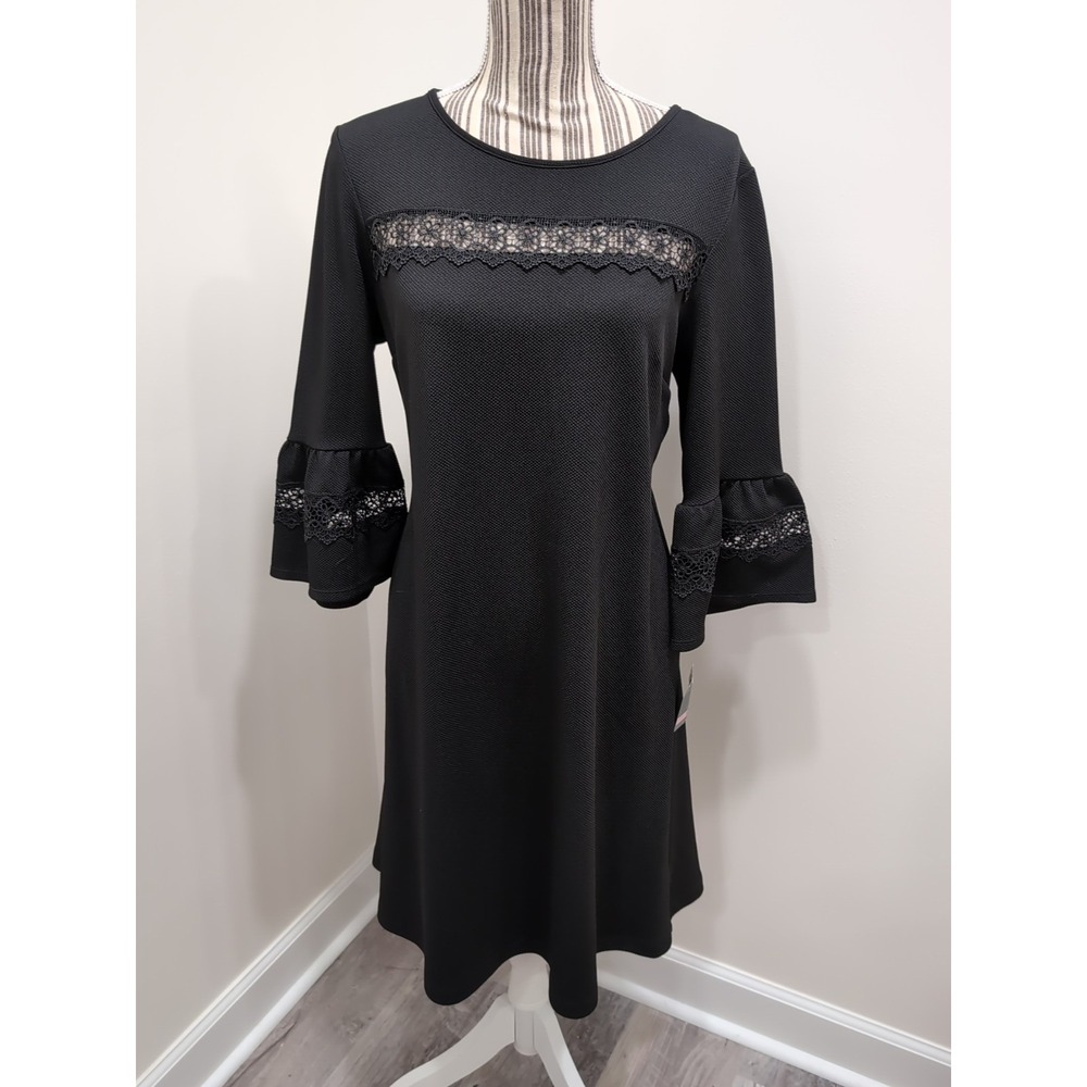 NWT Gabby Skye Women's Black Dress Crochet Detail Bell Sleeves Sz 10 Whimsygoth